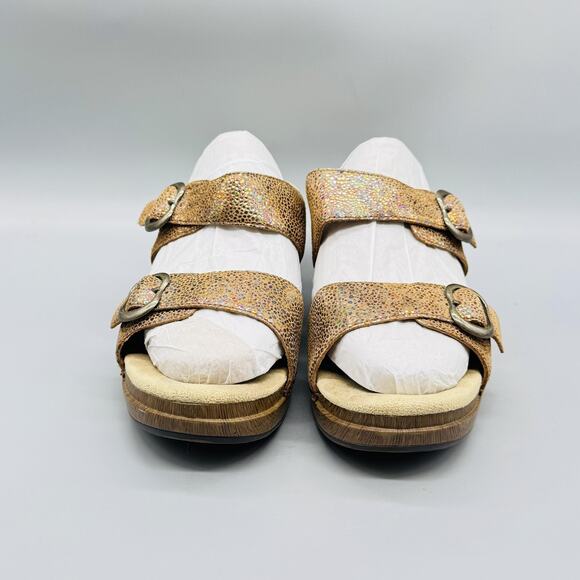 Dansko Sandals Womens 9.5 Gold Sophie Wedge Slide Double Buckle Strap Comfort - Picture 3 of 13